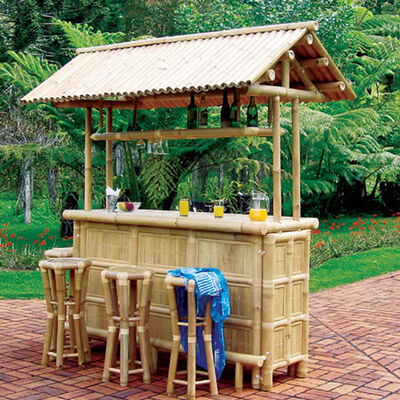 Waterproof Outdoor Bamboo Tiki Bar Set with Slat Roof 220cm Height Eco-Friendly Natural Bamboo Bar Counter for Garden Beach Party