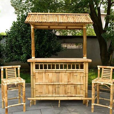 Waterproof Outdoor Bamboo Tiki Bar Set with Slat Roof 220cm Height Eco-Friendly Natural Bamboo Bar Counter for Garden Beach Party